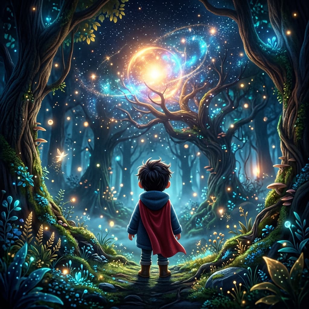 Child with magic cape looking towards light